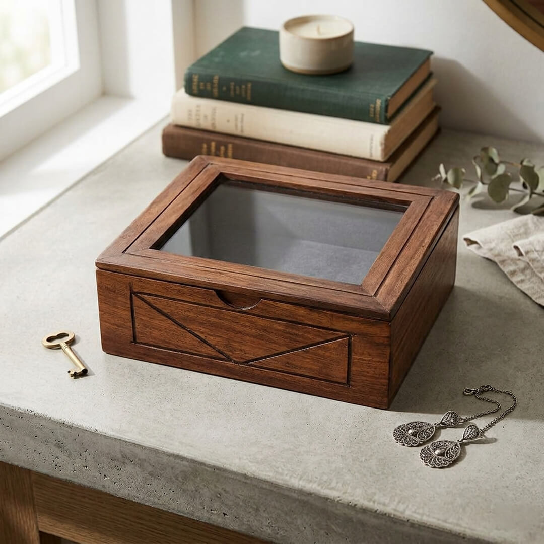 Glass Lid Utility Box in Sheesham Wood