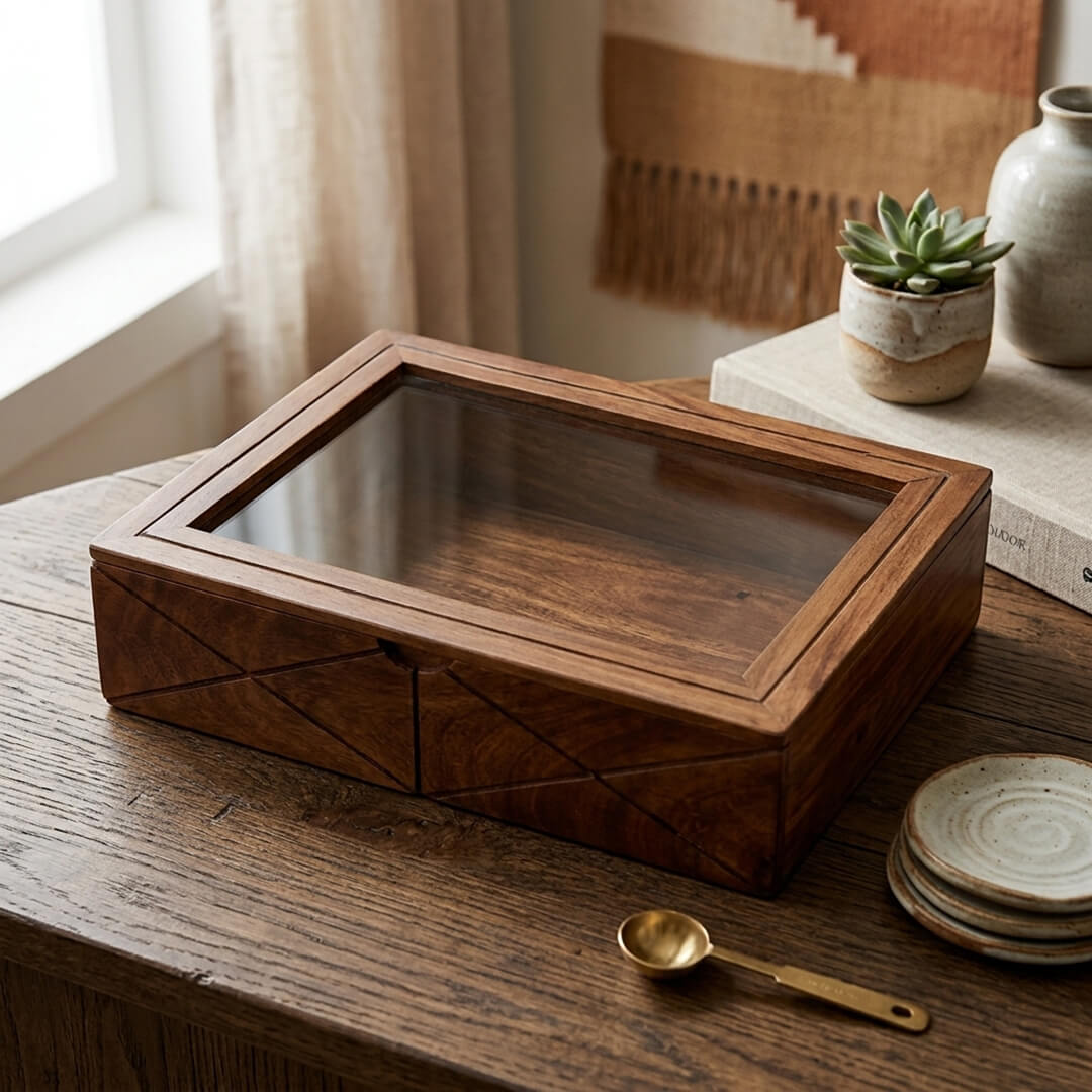 Glass Lid Utility Box in Sheesham Wood