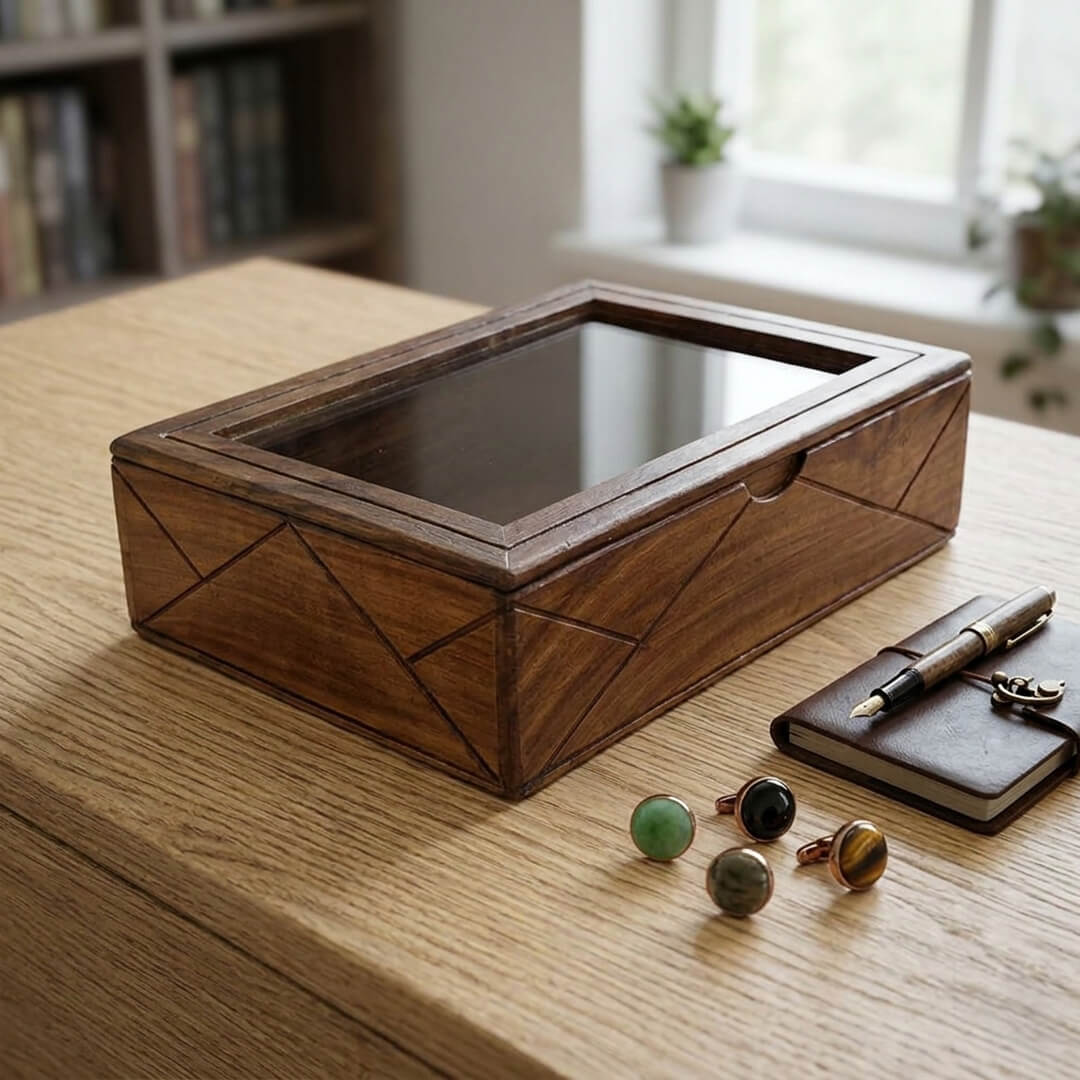 Glass Lid Utility Box in Sheesham Wood
