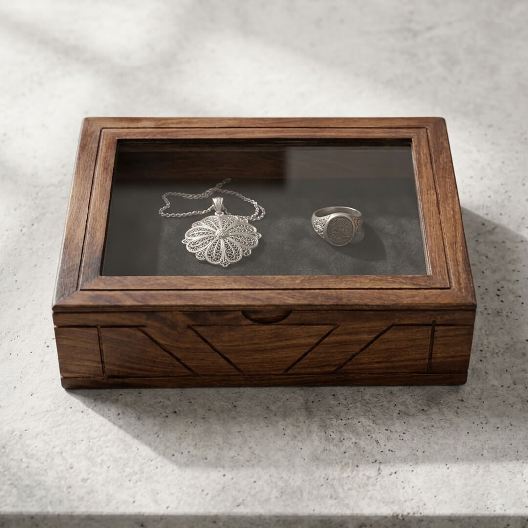 Glass Lid Utility Box in Sheesham Wood