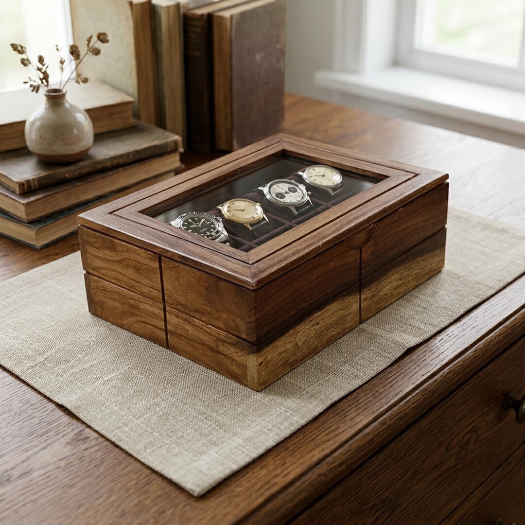 Glass Lid Utility Box in Sheesham Wood