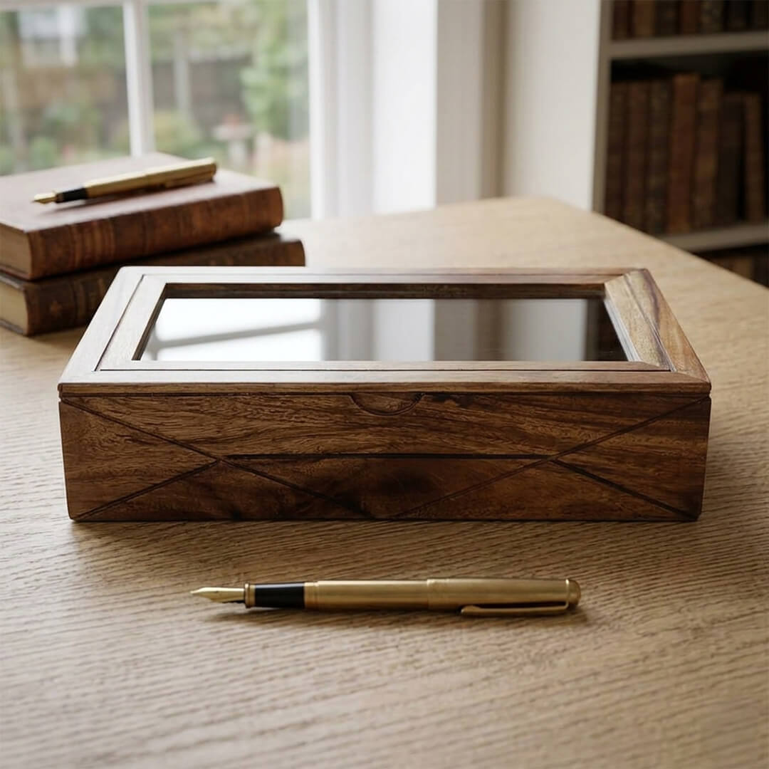 Glass Lid Utility Box in Sheesham Wood