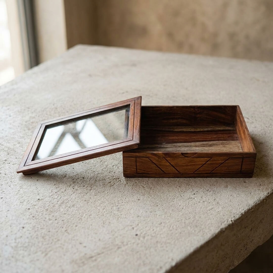 Glass Lid Utility Box in Sheesham Wood
