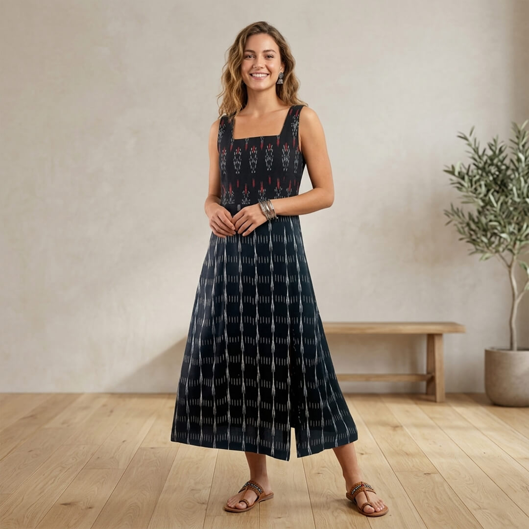 Ikkat Black Dress with Straps and Slit