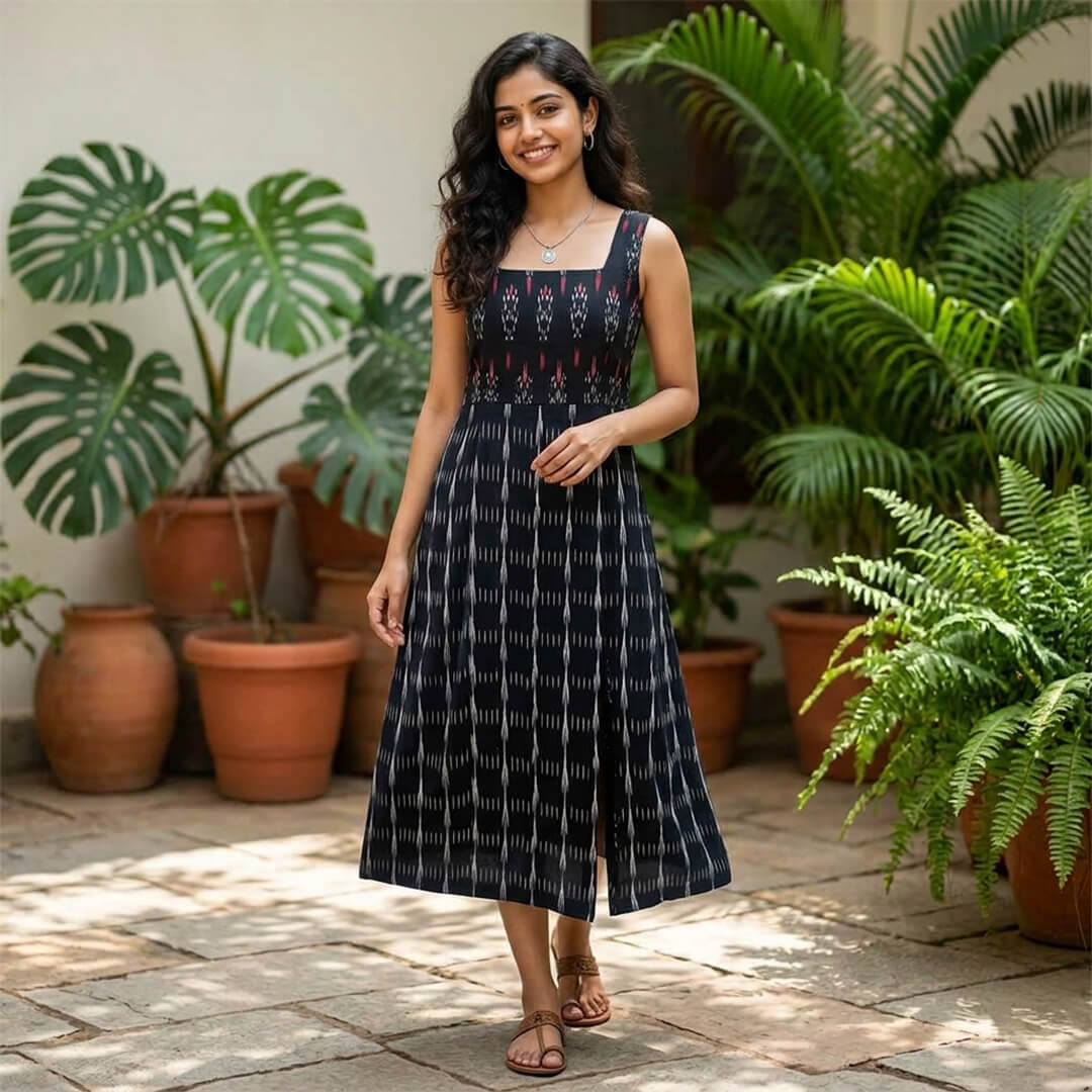 Ikkat Black Dress with Straps and Slit