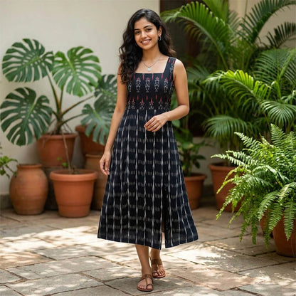 Ikkat Black Dress with Straps and Slit