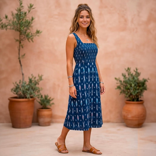Ikkat Blue Dress with Straps and Slit