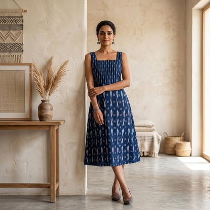 Ikkat Blue Dress with Straps and Slit