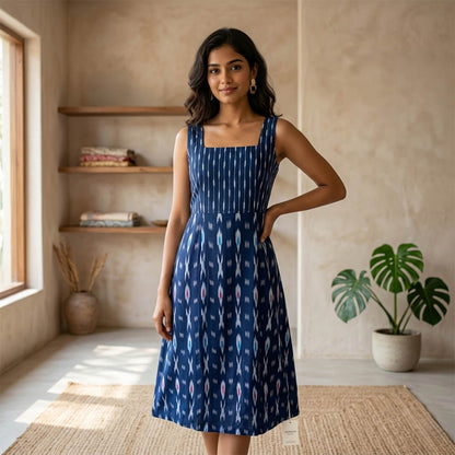 Ikkat Blue Dress with Straps and Slit