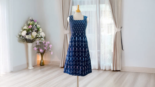 Ikkat Blue Dress with Straps and Slit