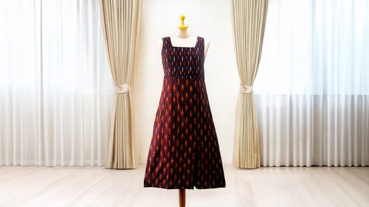 Ikkat Maroon Dress with Straps and Slit