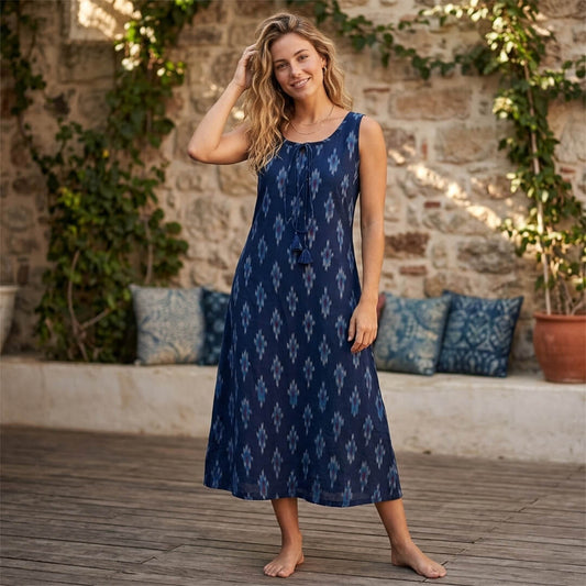 Ikkat Dress with Pockets and Drawstring Neckline