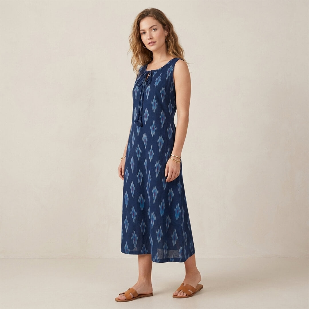 Ikkat Dress with Pockets and Drawstring Neckline