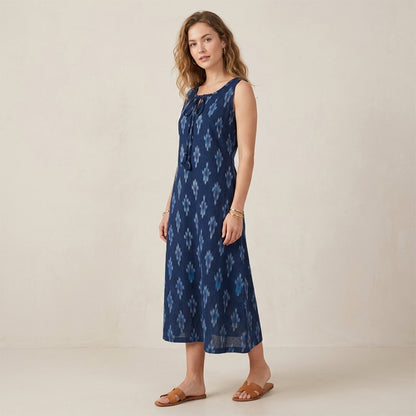Ikkat Dress with Pockets and Drawstring Neckline
