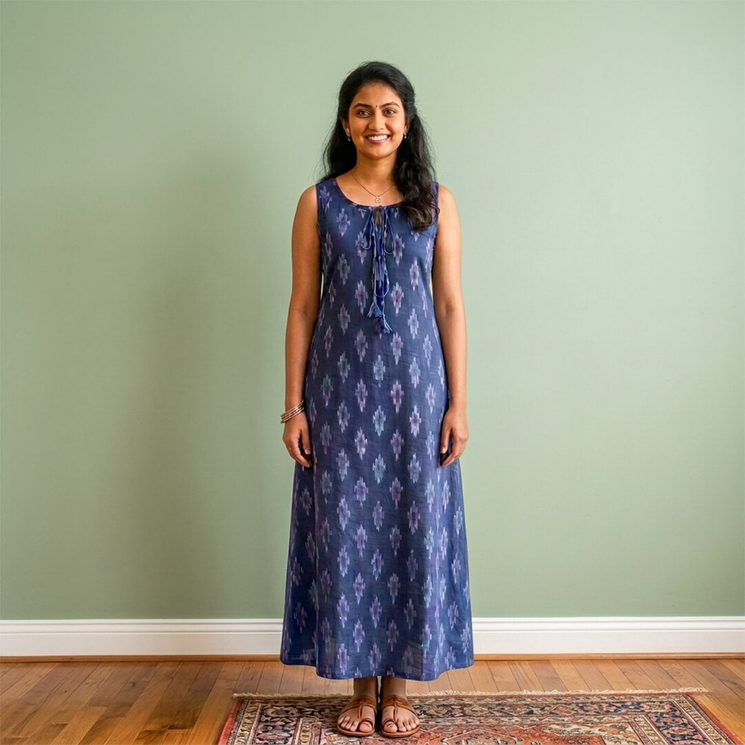 Ikkat Dress with Pockets and Drawstring Neckline