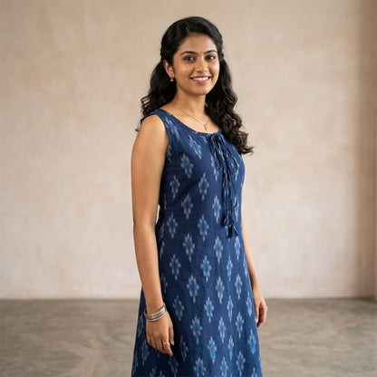 Ikkat Dress with Pockets and Drawstring Neckline