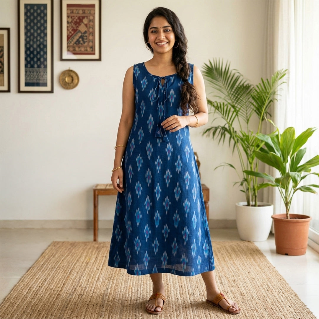 Ikkat Dress with Pockets and Drawstring Neckline