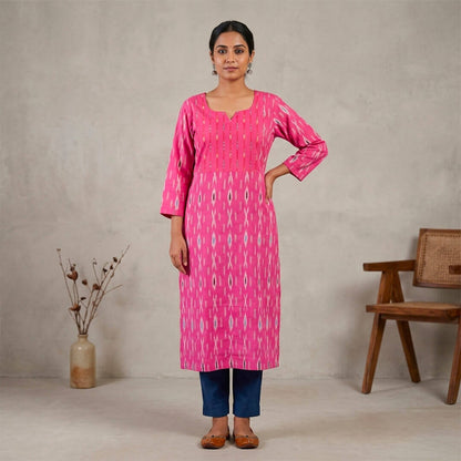Ikkat Long Kurta Dual Pink Motif