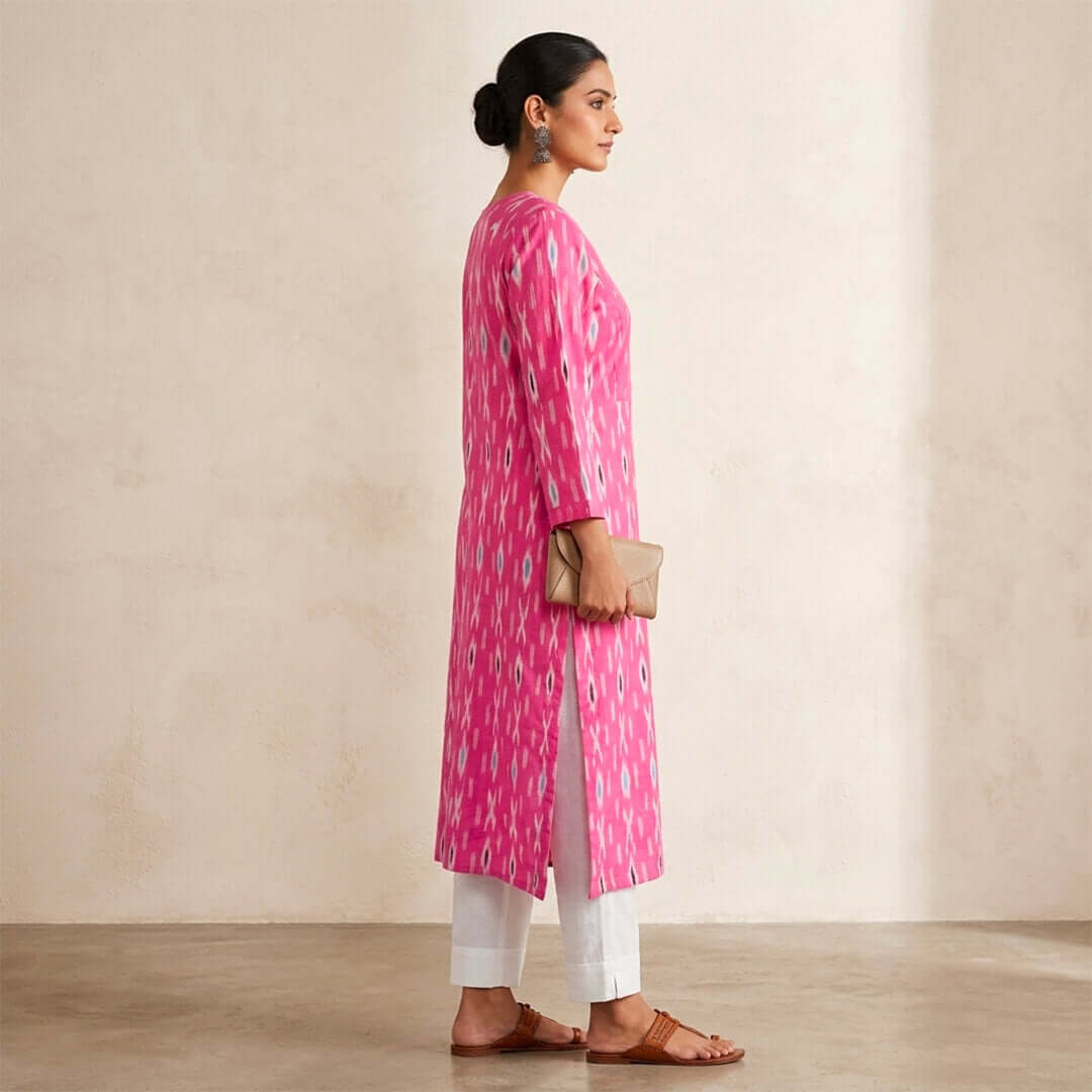 Ikkat Long Kurta Dual Pink Motif