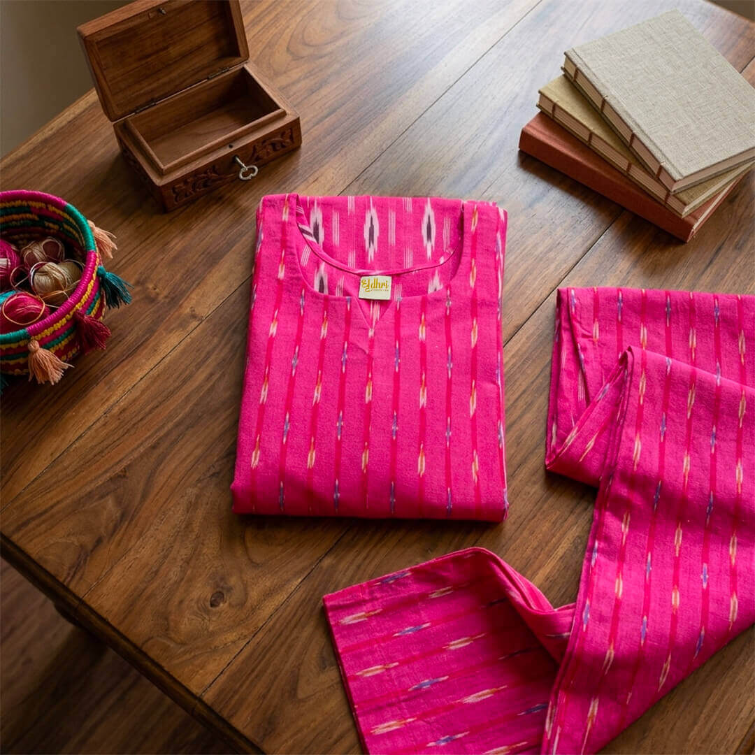 Ikkat Long Kurta Dual Pink Motif