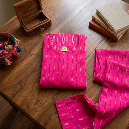 Ikkat Long Kurta Dual Pink Motif