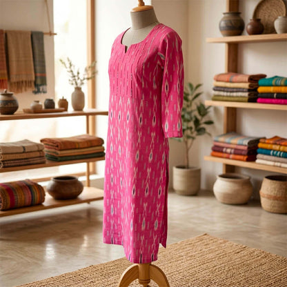 Ikkat Long Kurta Dual Pink Motif