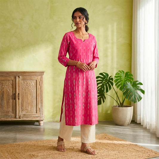 Ikkat Long Kurta Dual Pink Motif