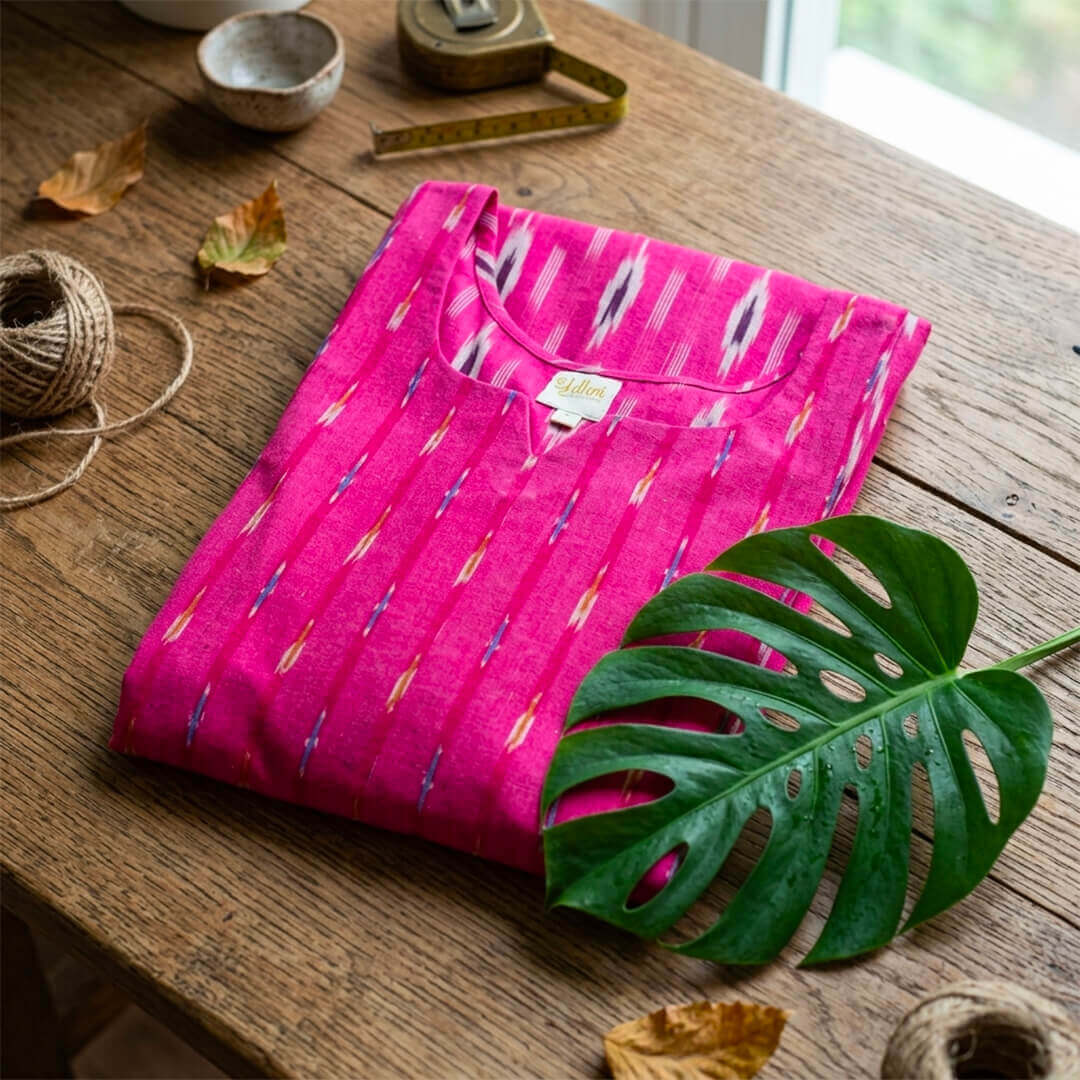 Ikkat Long Kurta Dual Pink Motif