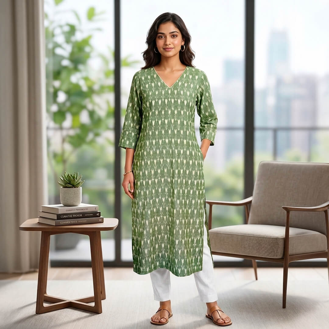 Ikkat Long Kurta in Green