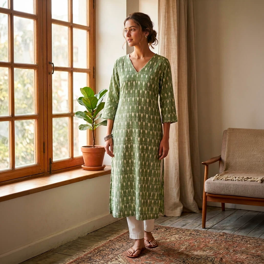 Ikkat Long Kurta in Green