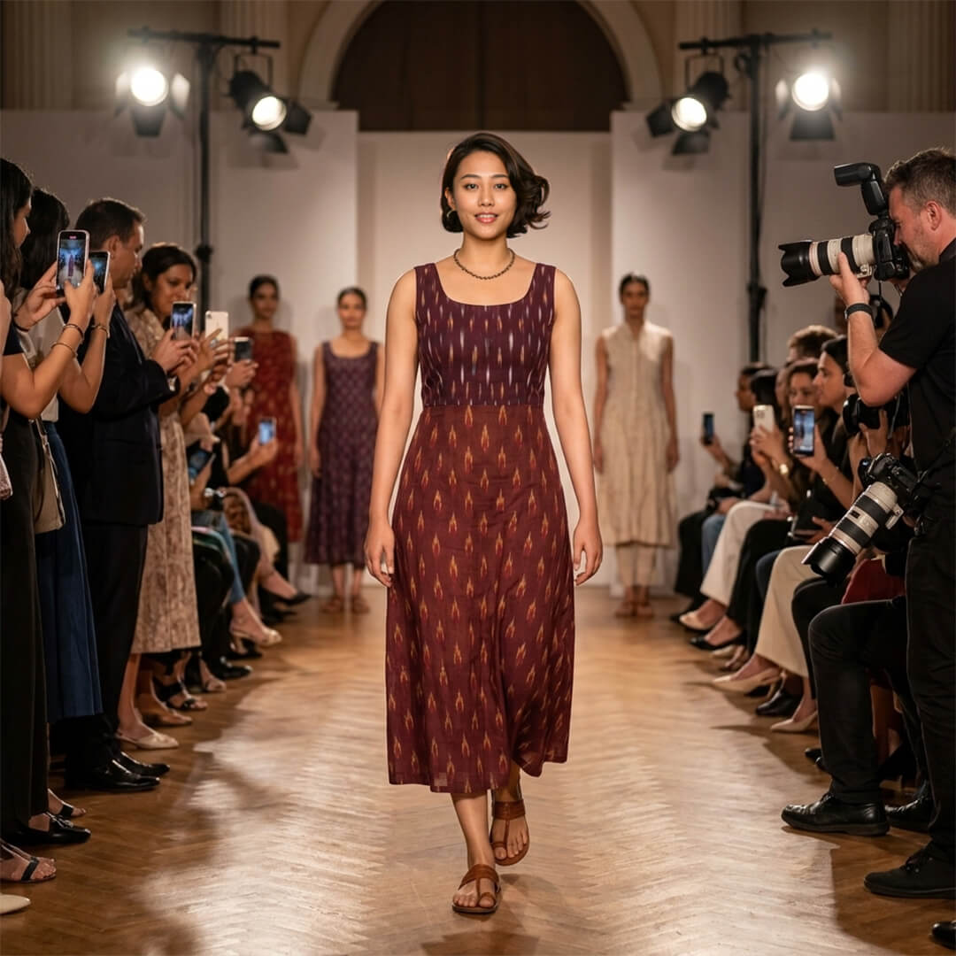 Ikkat Maroon Dress with Straps and Slit