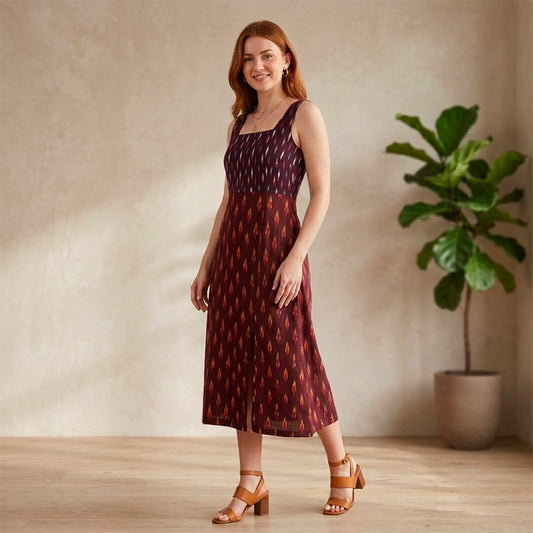 Ikkat Maroon Dress with Straps and Slit
