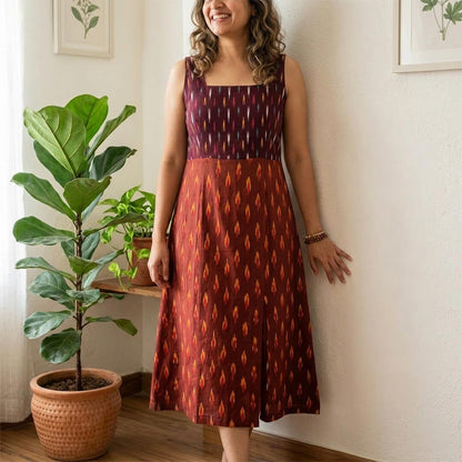 Ikkat Maroon Dress with Straps and Slit