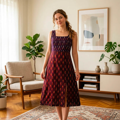 Ikkat Maroon Dress with Straps and Slit