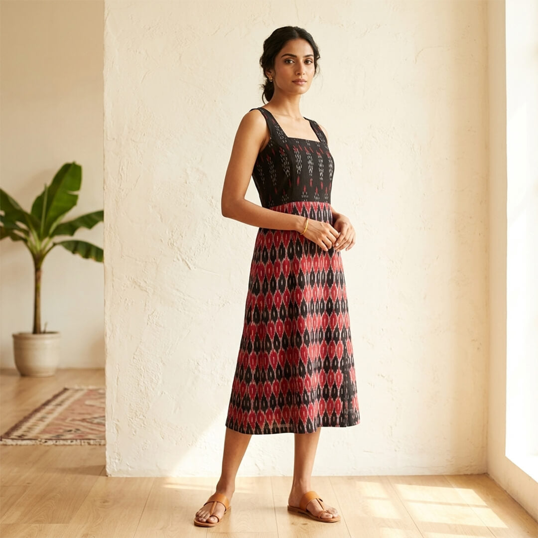 Ikkat Red & Black Dress with Straps and Slit