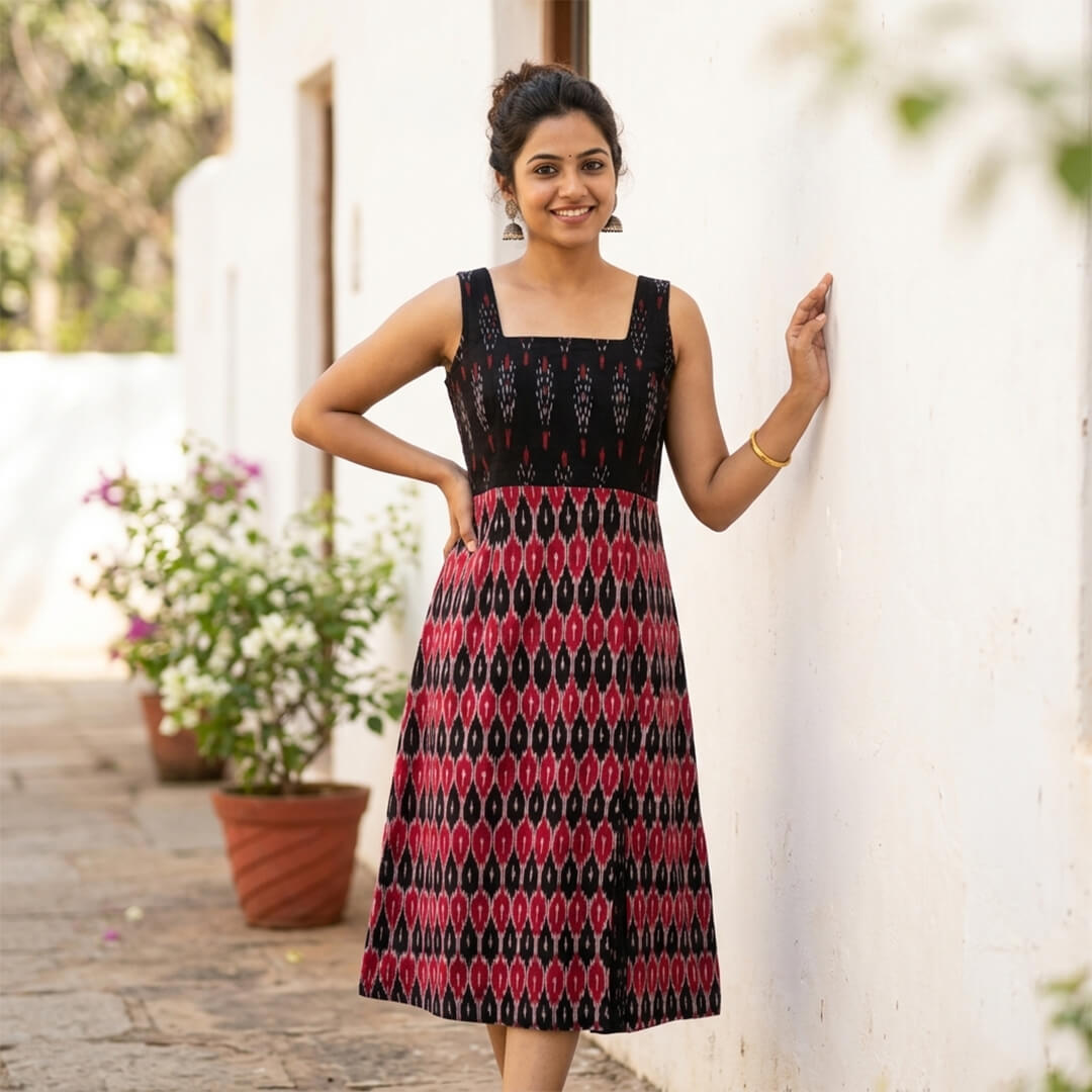 Ikkat Red & Black Dress with Straps and Slit