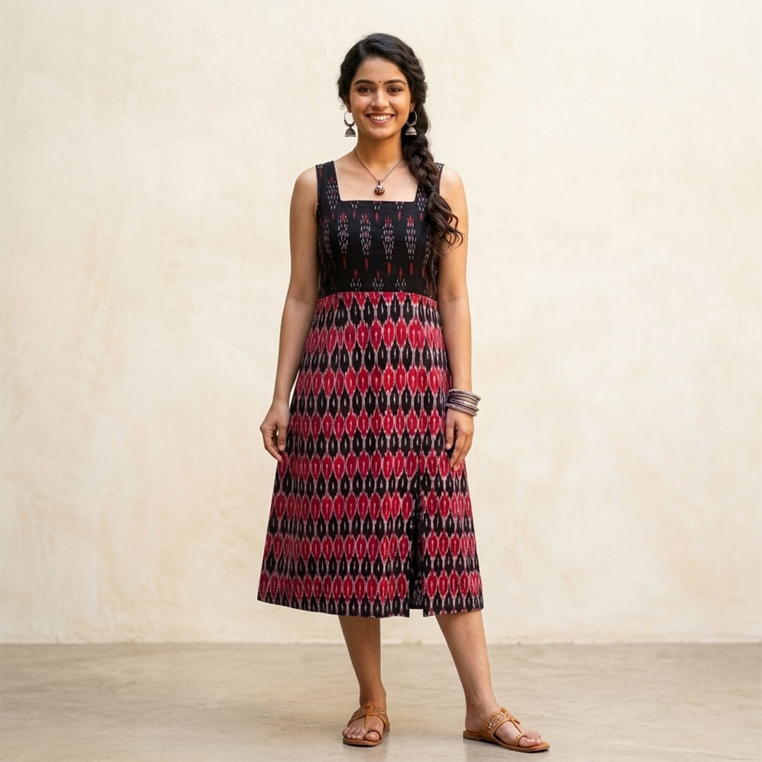 Ikkat Red & Black Dress with Straps and Slit