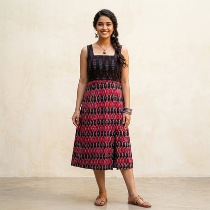 Ikkat Red & Black Dress with Straps and Slit
