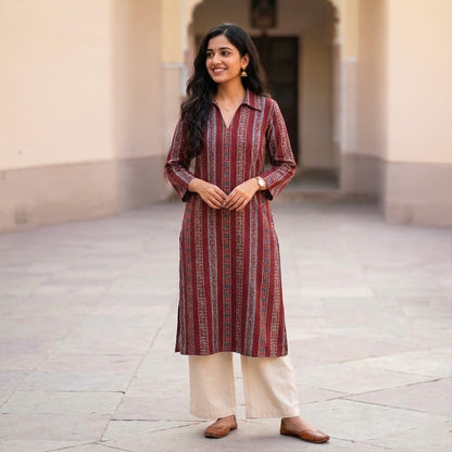 Kantha on Ajrakh Kurta with Pockets