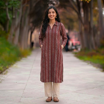 Kantha on Ajrakh Kurta with Pockets