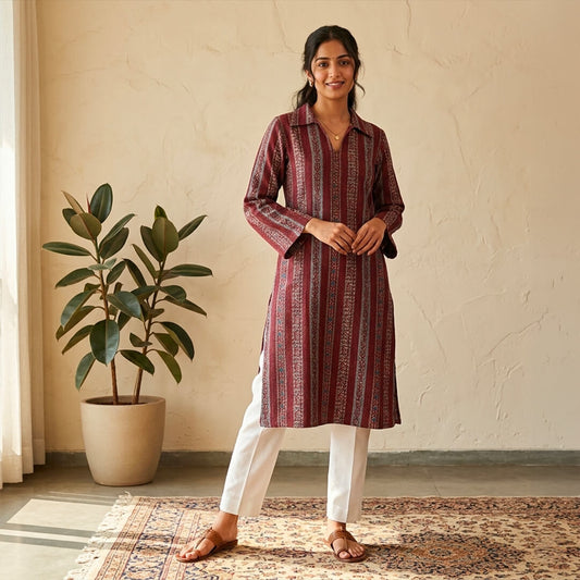Kantha on Ajrakh Kurta with Pockets