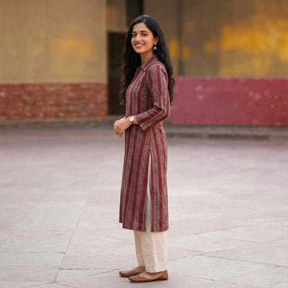 Kantha on Ajrakh Kurta with Pockets
