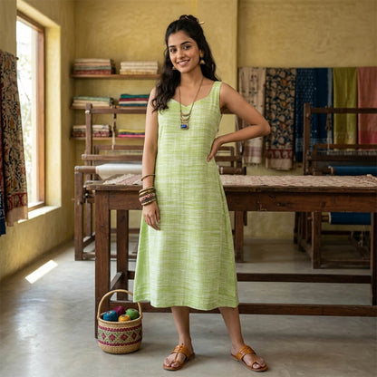 Khadi Green Dress with Belt