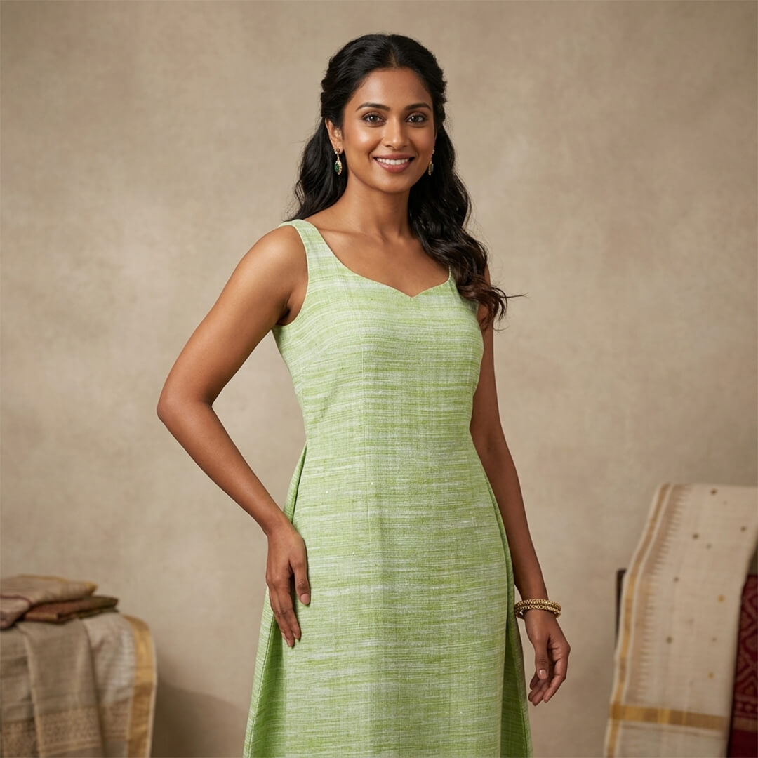 Khadi Green Dress with Belt
