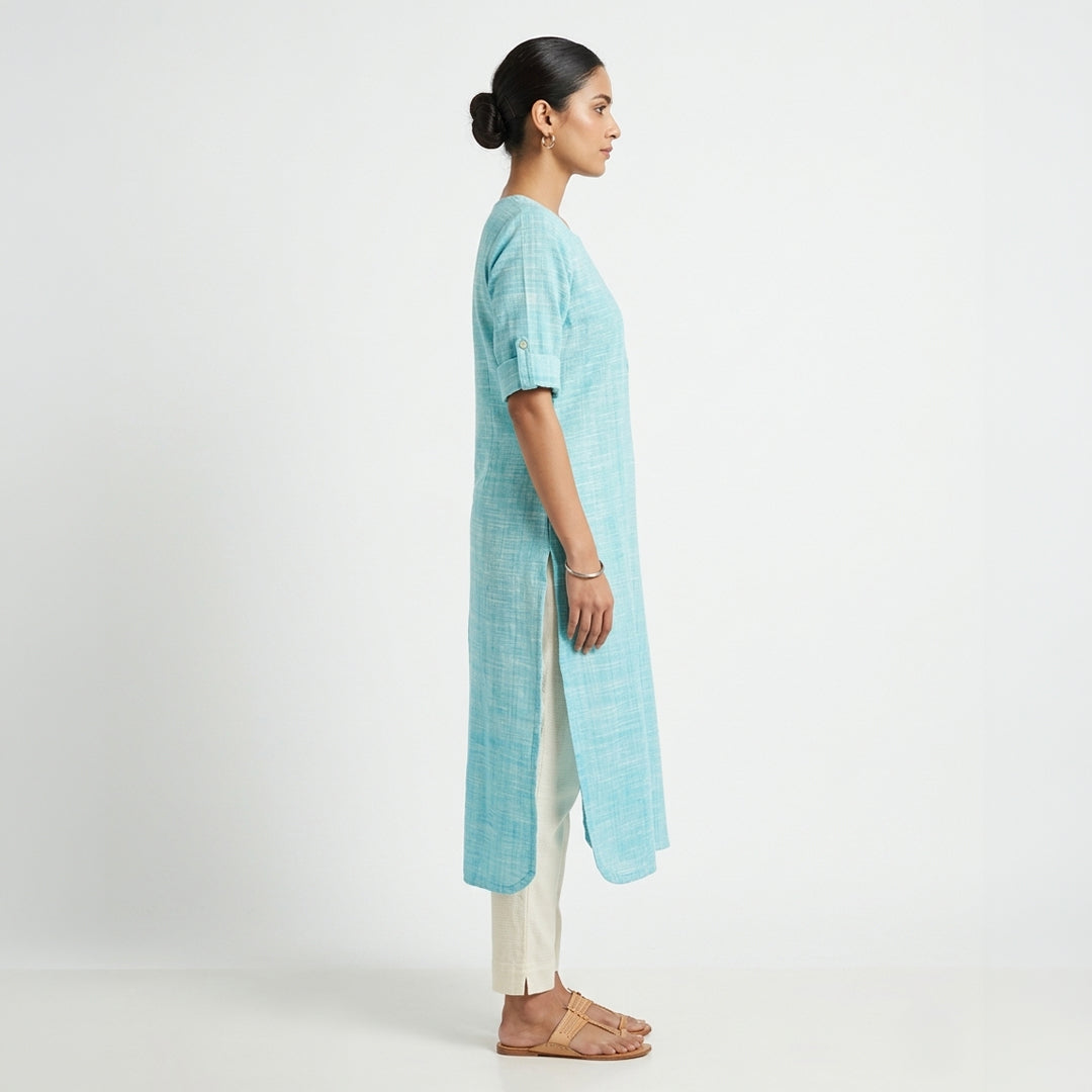 Khadi Long Kurta in Aqua Splash