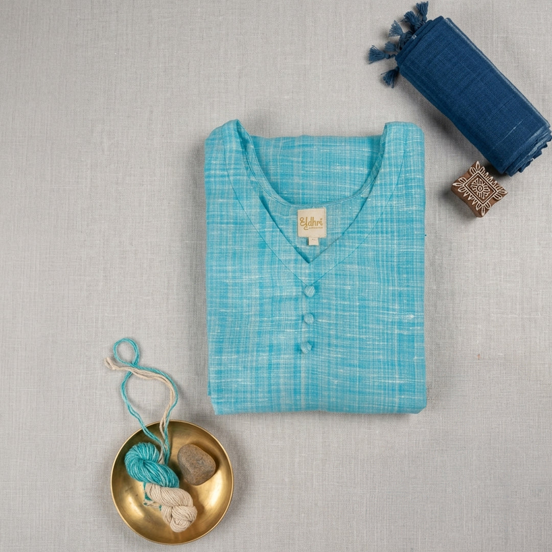 Khadi Long Kurta in Aqua Splash