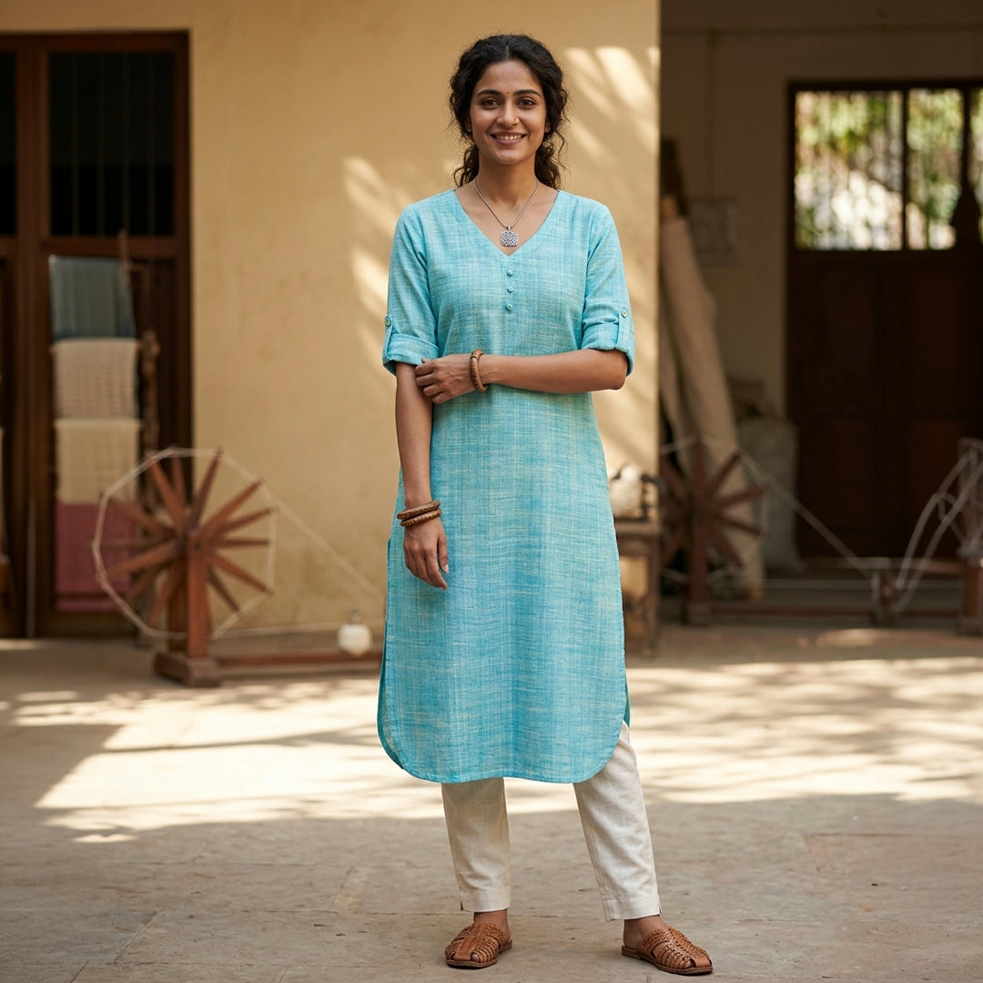 Khadi Long Kurta in Aqua Splash