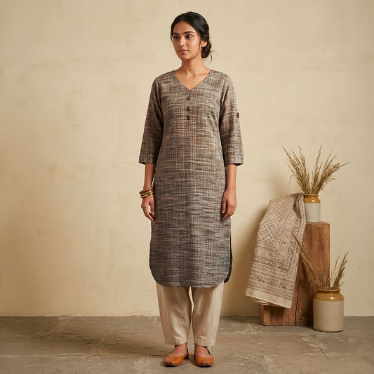 Khadi Long Kurta in Mustang Brown