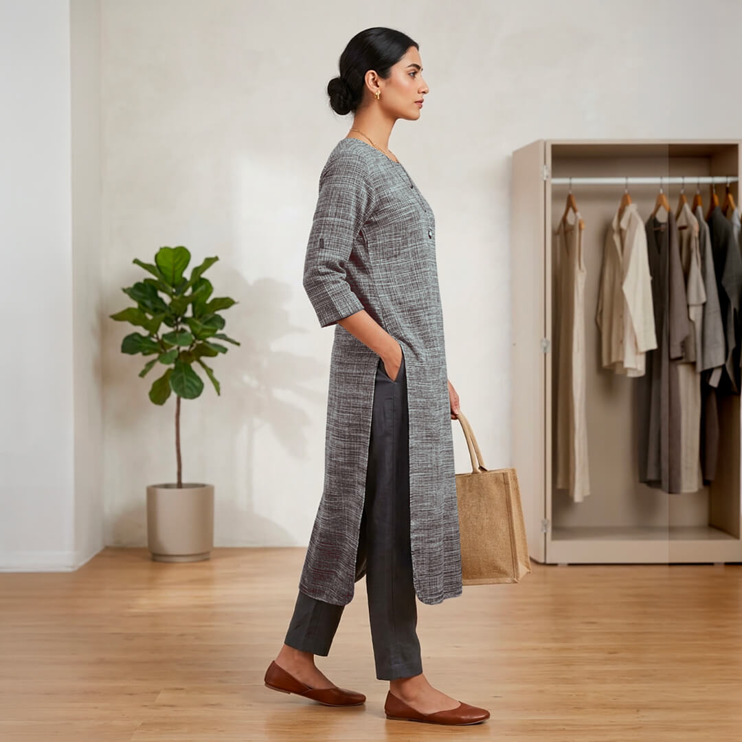 Khadi Long Kurta in Mustang Brown