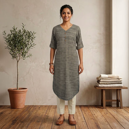 Khadi Long Kurta in Mustang Brown